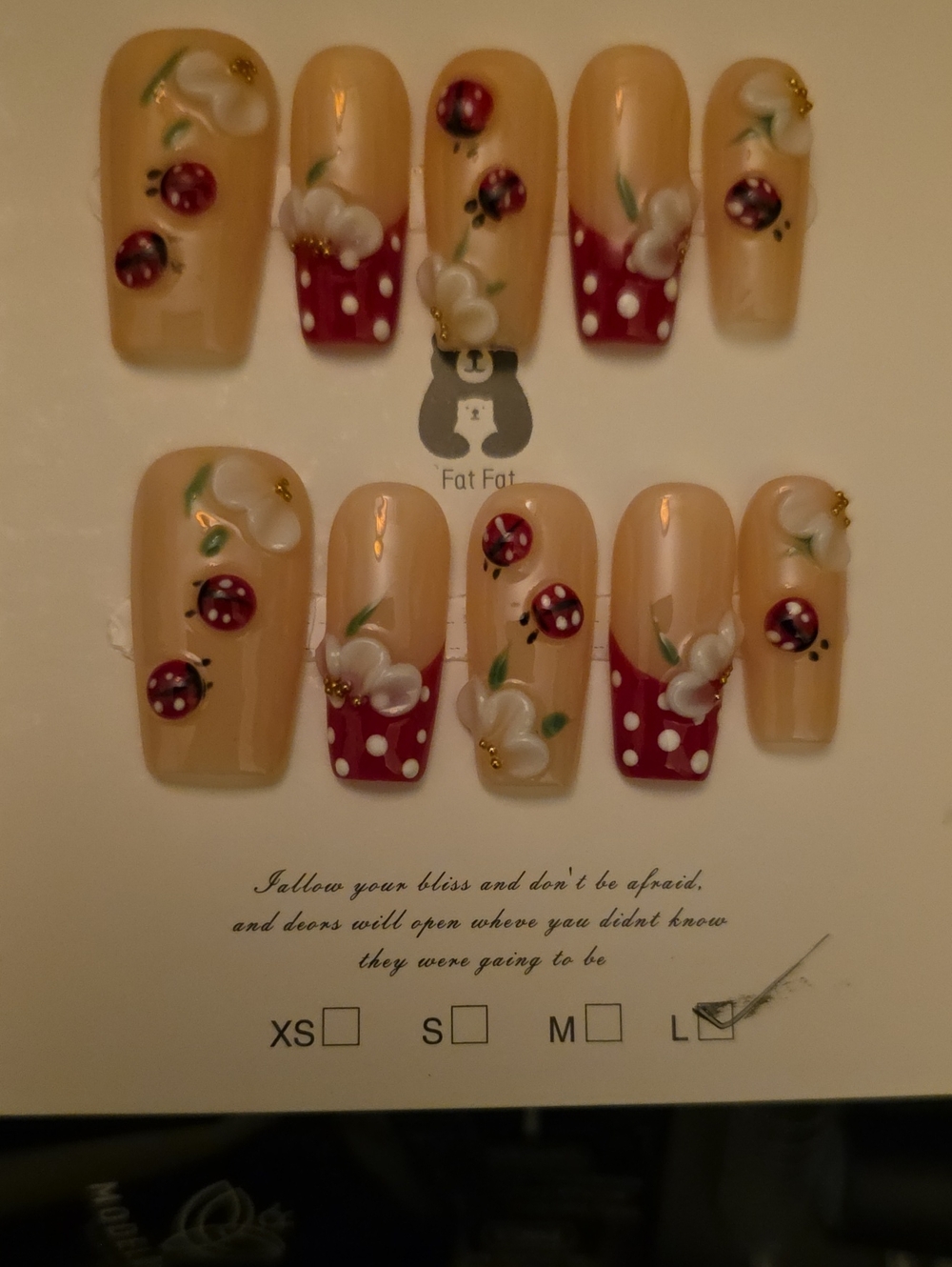 Hand-Painted Floral Press-On Nails in Beige and Red - Large